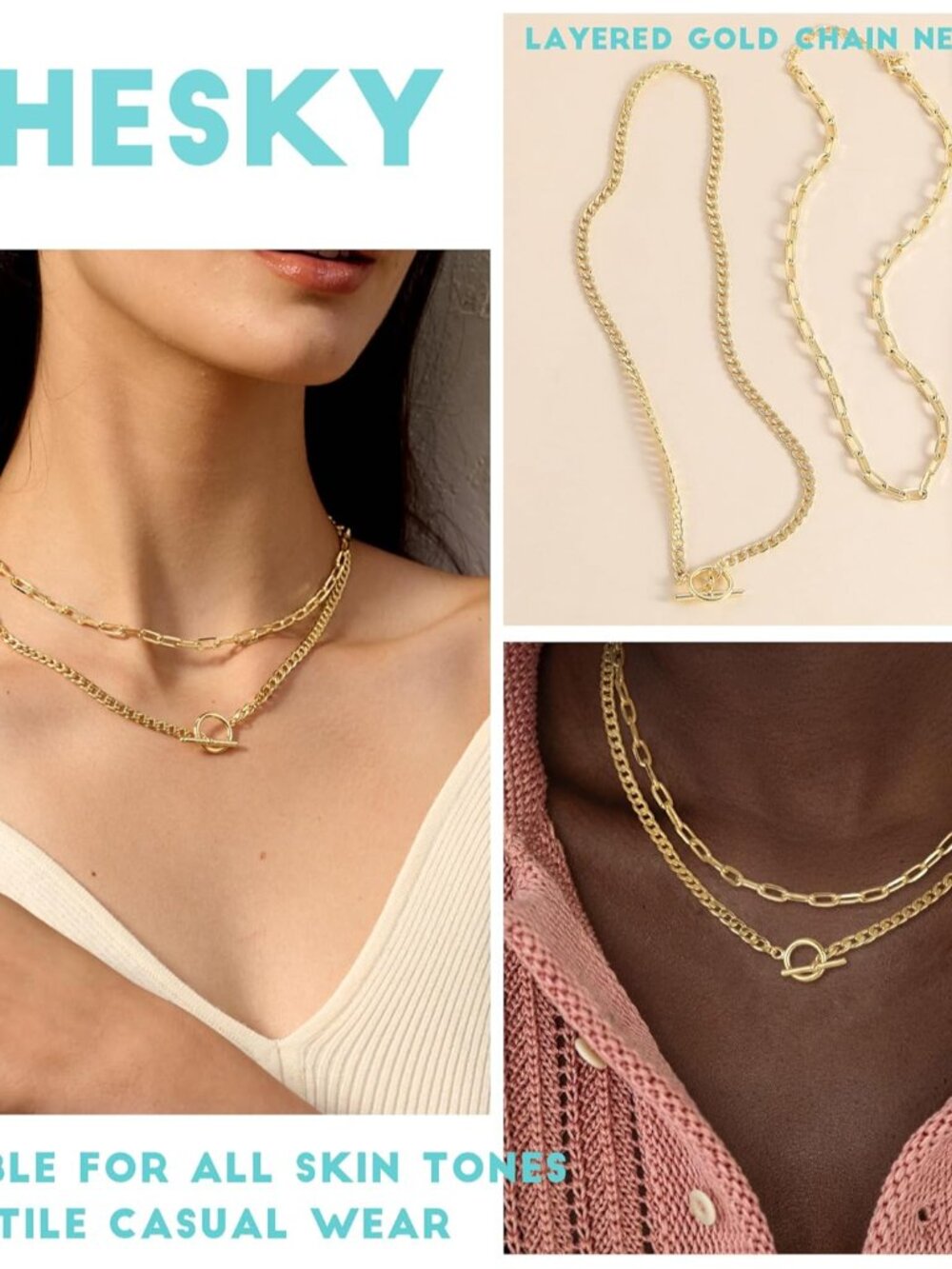 Layered Necklaces for Women, 14K Gold Plated Chain Necklace Women Trendy Cuban L - Picture 5 of 8